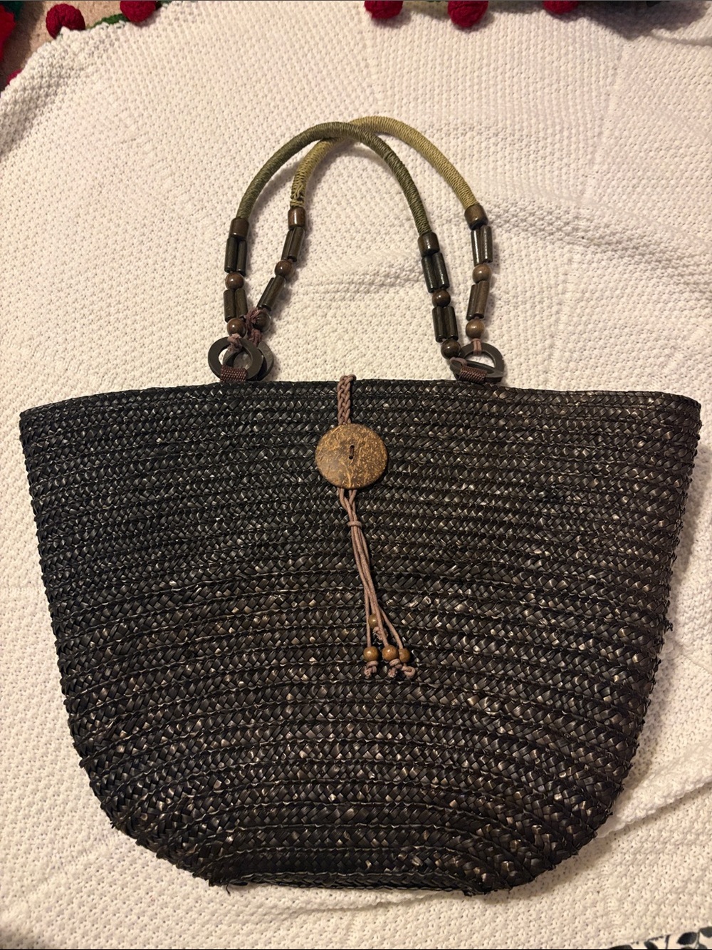 White Stag Straw Tote Bag Boho Woven Handbag Wood Bead Handle Summer